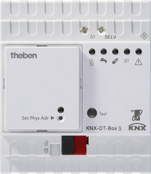 Een wit KNX-gebouwautomatieapparaat met meerdere LED-indicatoren, een testknop en verschillende symbolen ter verklaring van de functies.