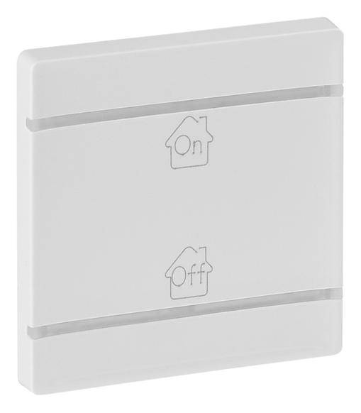 Een vierkante schakelaar met twee symbolen: bovenaan een huis met het woord 'Aan', onderaan een huis met het woord 'Uit', voor het bedienen van een apparaat.