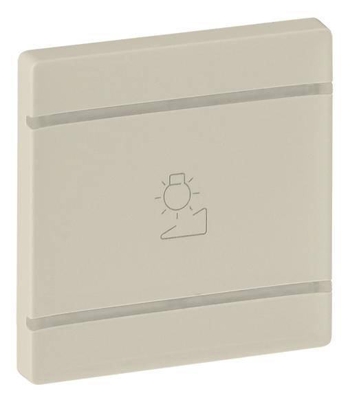 Een beige schakelaar met een symbool van een gloeilamp met een schuine streep. Ontworpen voor het bedienen van verlichting.