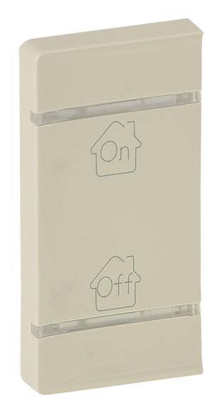 Beige lichtschakelaar met twee symbolen voor 'Aan' en 'Uit', elk met een huis ernaast.