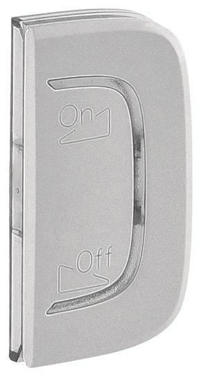 Schakelaar met opschrift 'On' en 'Off' in een pijl-draaisymbool. Zilver, rechthoekig ontwerp.
