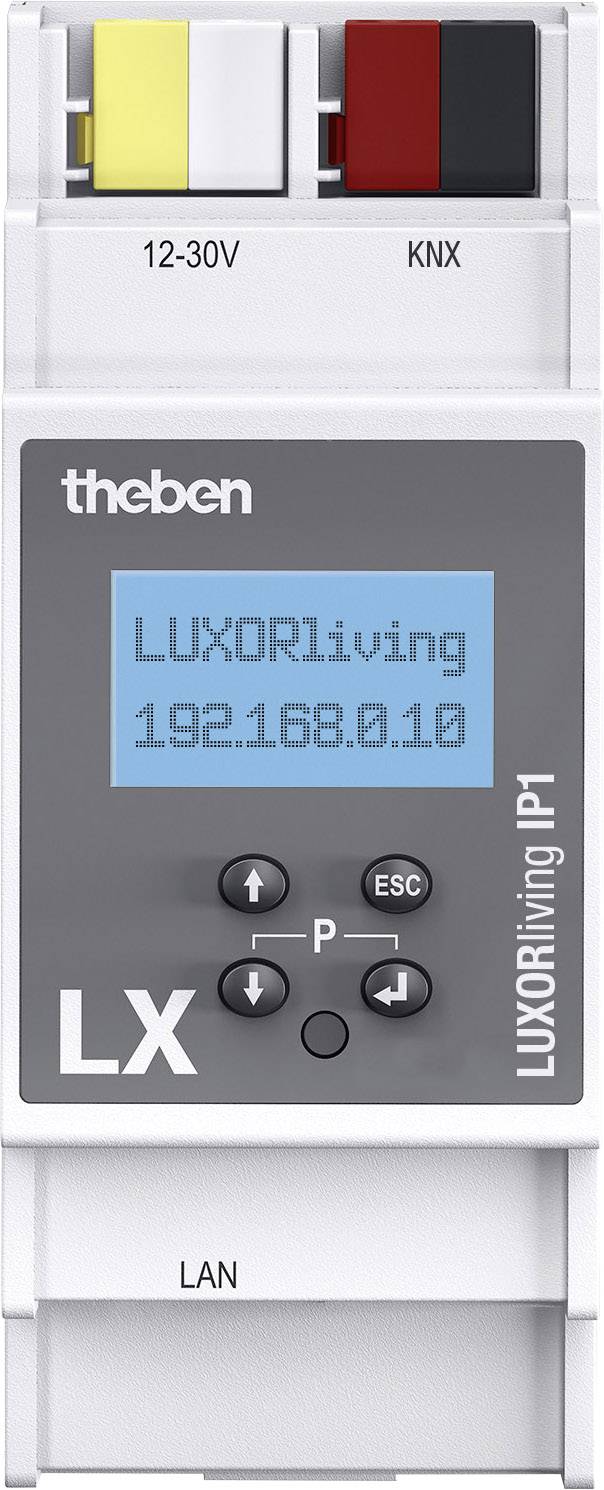 Een display op een bedieningsapparaat toont 'LUXORliving 192.168.0.10'. Bovenaan bevinden zich gekleurde aansluitingen en opschriften '12-30V' en 'KNX'.