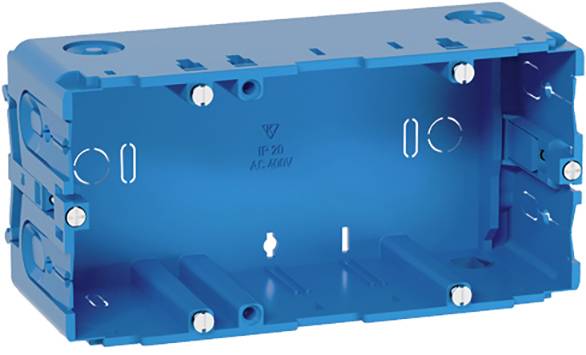 Een blauwe kunststof inbouwdoos voor elektrotechnische installaties, met schroefgaten en uitsparingen voor kabelinvoer.