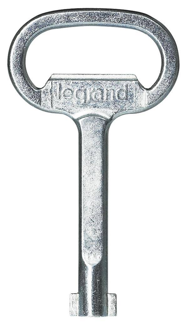 Een zilveren metalen sleutel met een ovale kop en een rechthoekige opdruk 'Legrand', voornamelijk gebruikt voor elektrische schakelkasten.