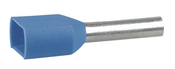 Blauwe geïsoleerde kabelschoen met een cilindrische metalen huls, voorzijde rechthoekig. Gebruikt voor elektrische verbinding.