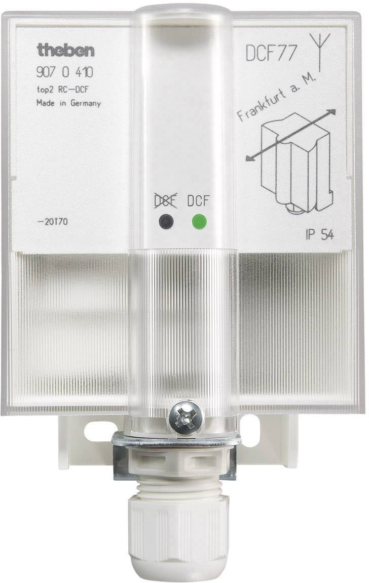 DCF77-ontvanger met behuizing en LED's, toont signaalontvangst voor tijdsynchronisatie. Markering 'Frankfurt a. M.'.
