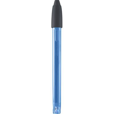 Een blauwe pen met een zwarte dop.