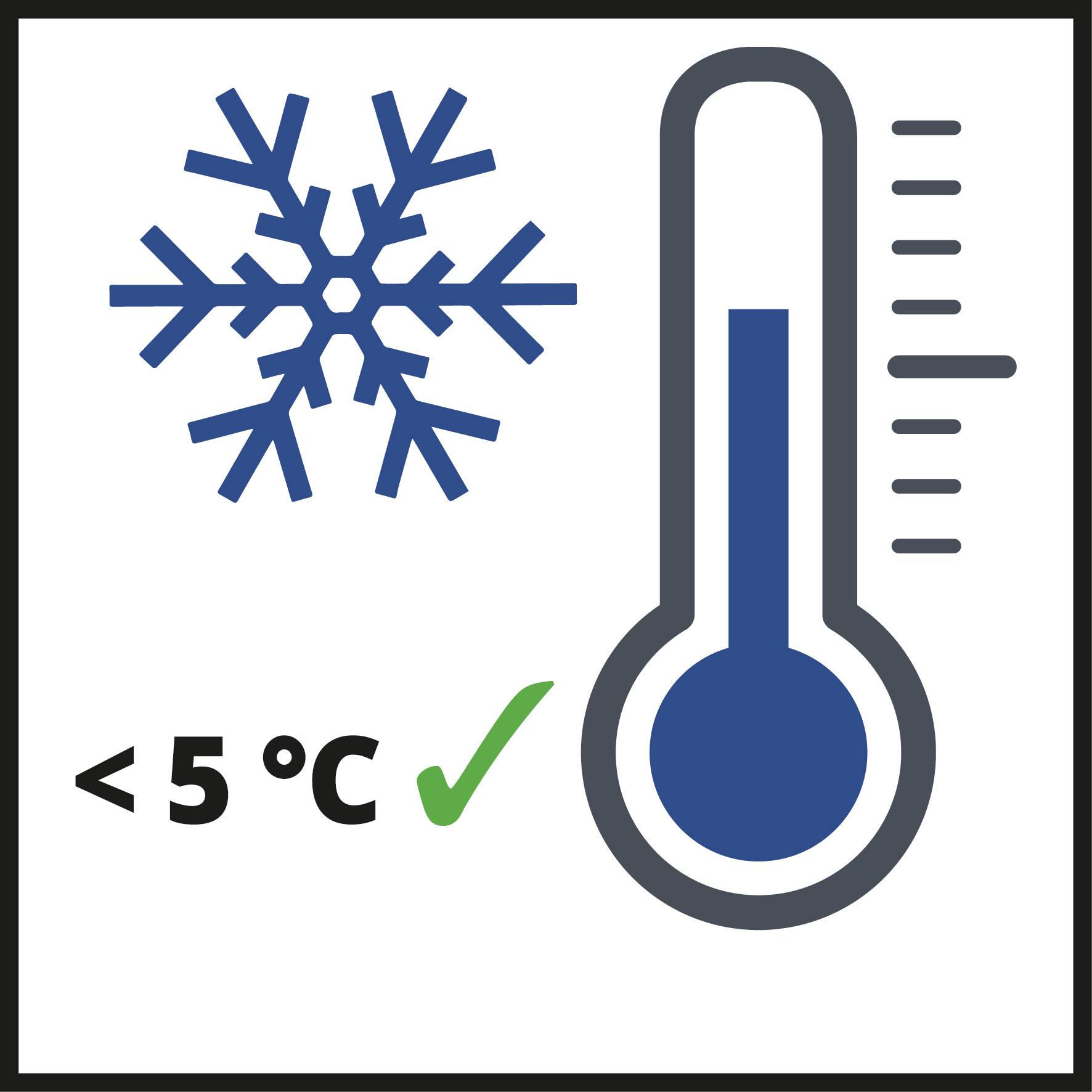 Sneeuwvlok en thermometer geven aan dat de temperatuur onder de 5 °C ligt. Een groen vinkje signaleert dat dit optimaal is.