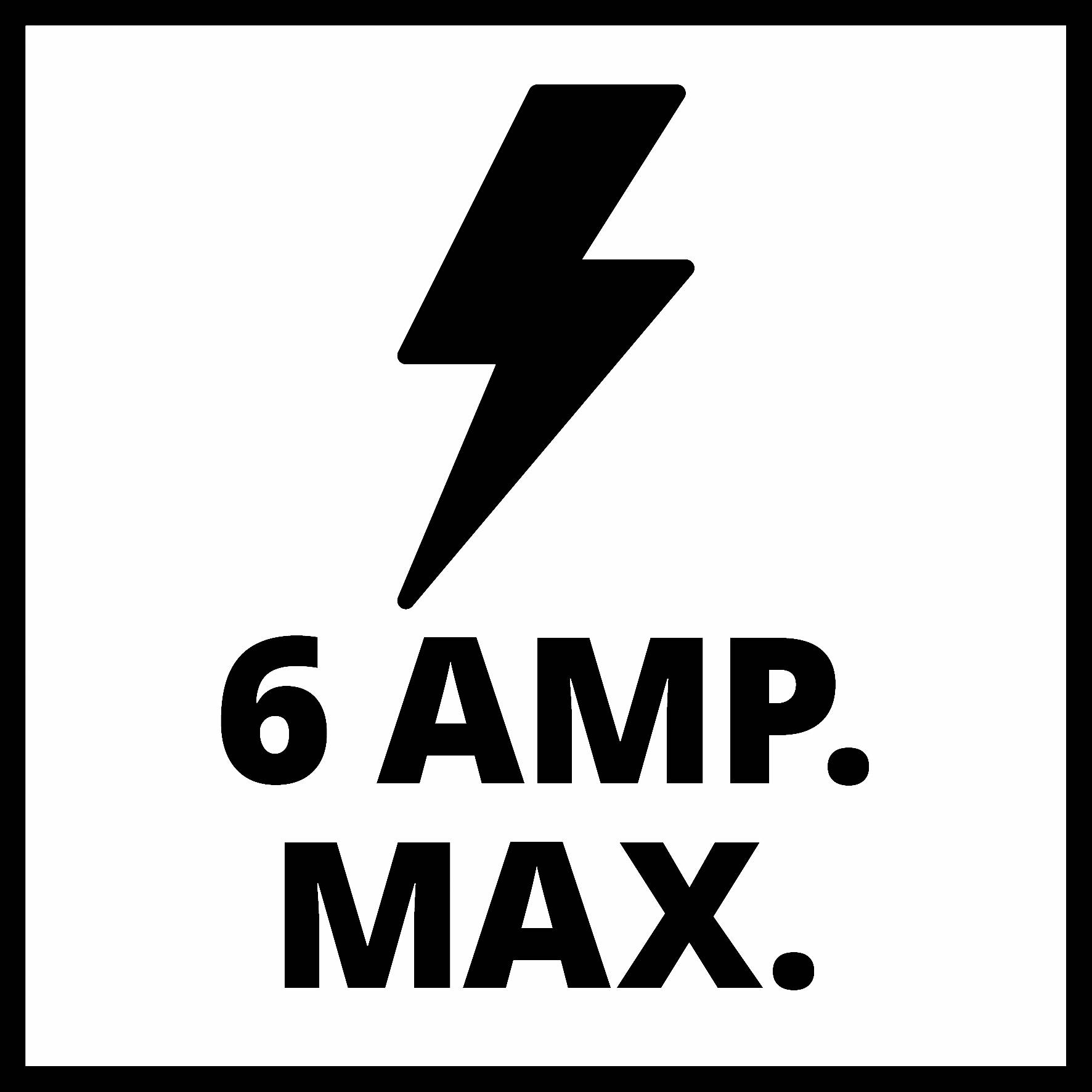 Bliksemsymbool boven de tekst '6 Amp. Max.' geeft de maximale stroombelasting van 6 ampère aan.
