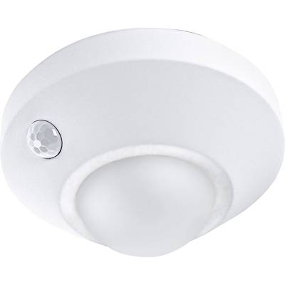 Een ronde, witte plafond bewegingsdetector met een kleine sensor aan de linkerkant; herkent beweging voor verlichingsbesturing.