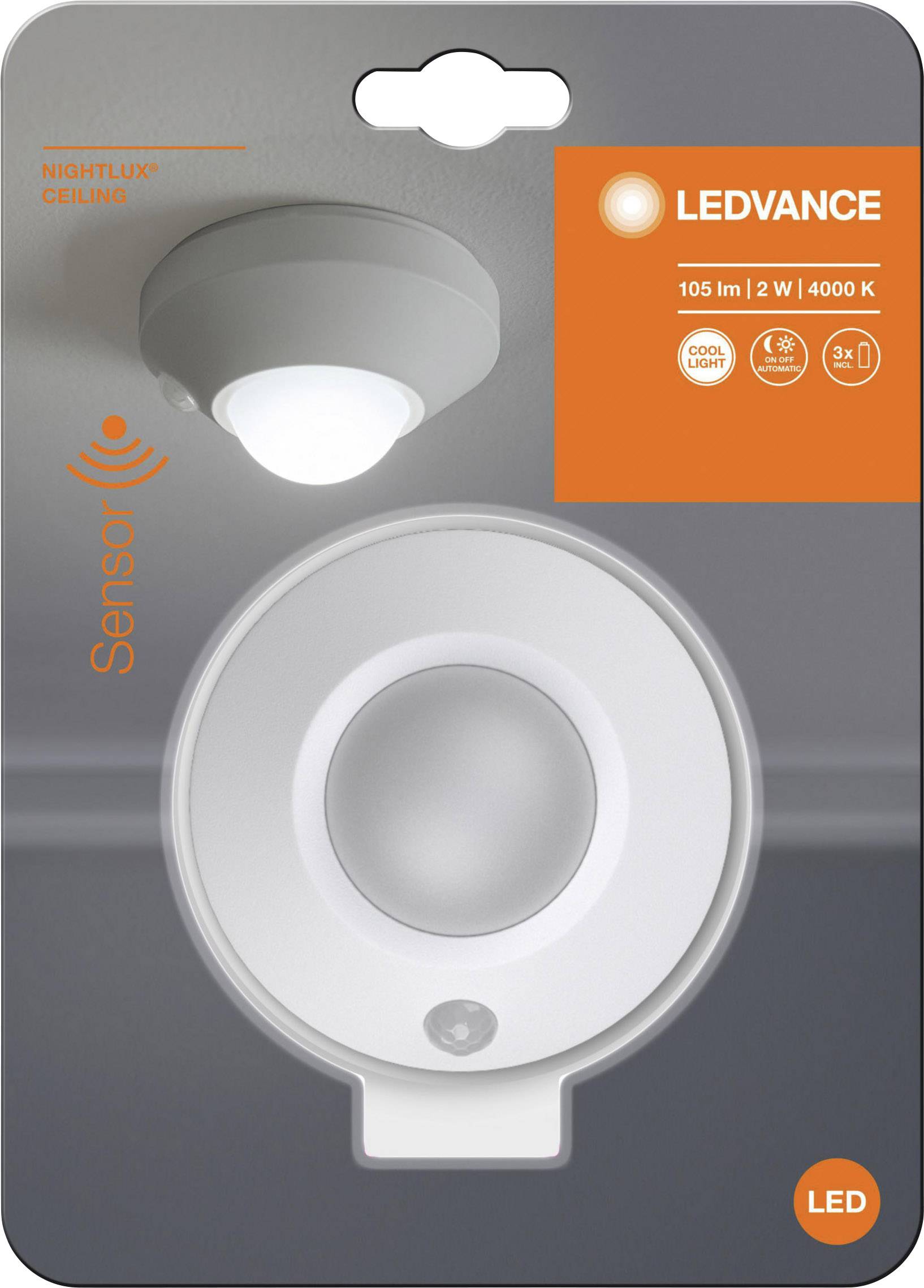 Verpakking van een LED-nachtlamp met sensor. Boven: Afbeelding van de geïnstalleerde lamp aan het plafond. Merk: LEDVANCE, 105 lm, 2 W, 4000 K.