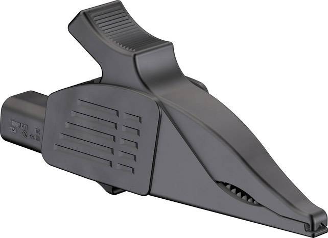 Zwarte krokodillenklem, technisch onderdeel, voor het verbinden van elektronische componenten, toont tandstructuur voor een vaste grip.