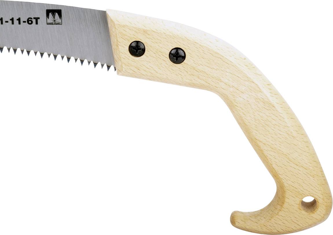 Zaag met een houten handvat, twee schroeven en een metalen getande zaagblad.