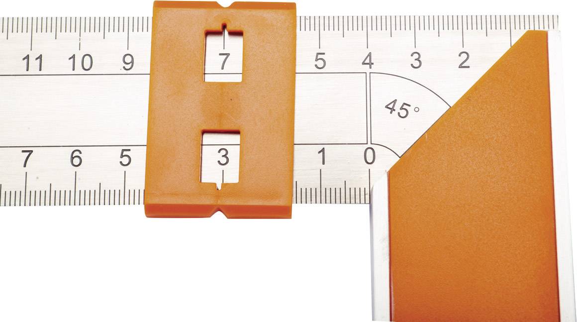 Een gradenboog met een oranje kunststof onderdeel toont een hoek van 45 graden. Een schaal in centimeters is zichtbaar.