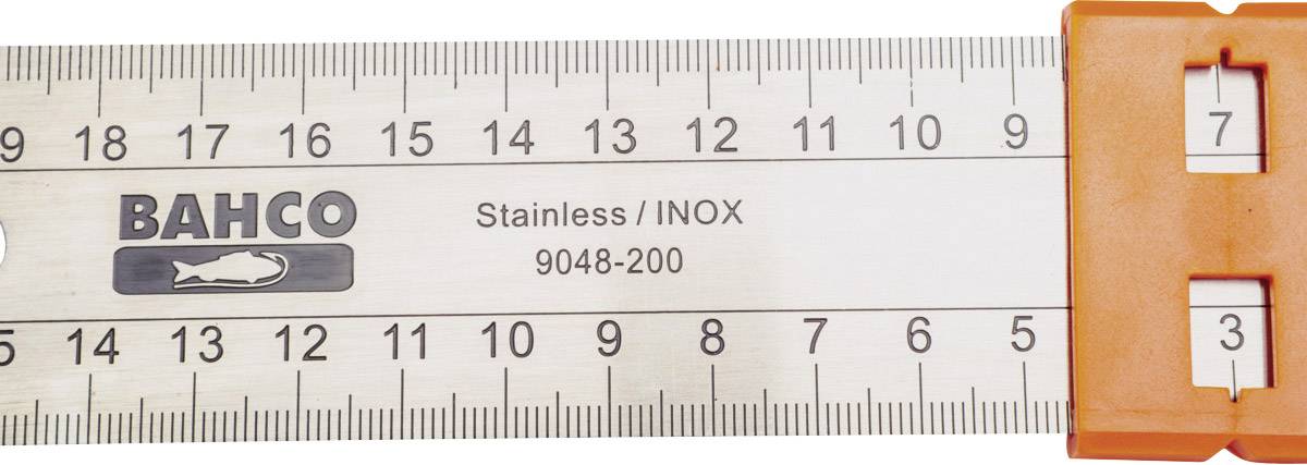 'Bahco' stalen meetlint met centimeter- en duimmaat, modelnummer 9048-200, op oranje houder.