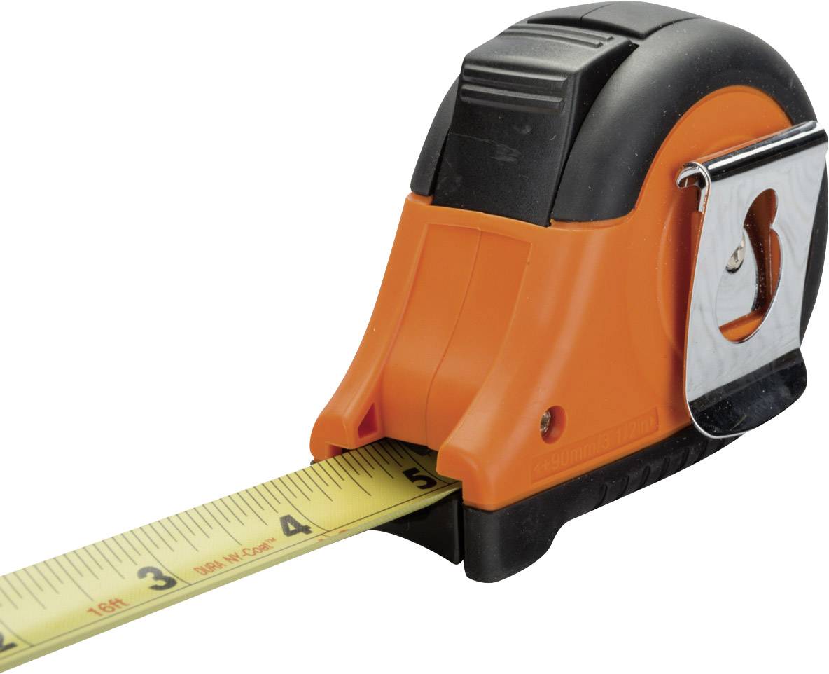Een oranje meetlint met het band uitgerold tot de 5-markering. Het heeft een zwarte en zilveren behuizingsgreep.