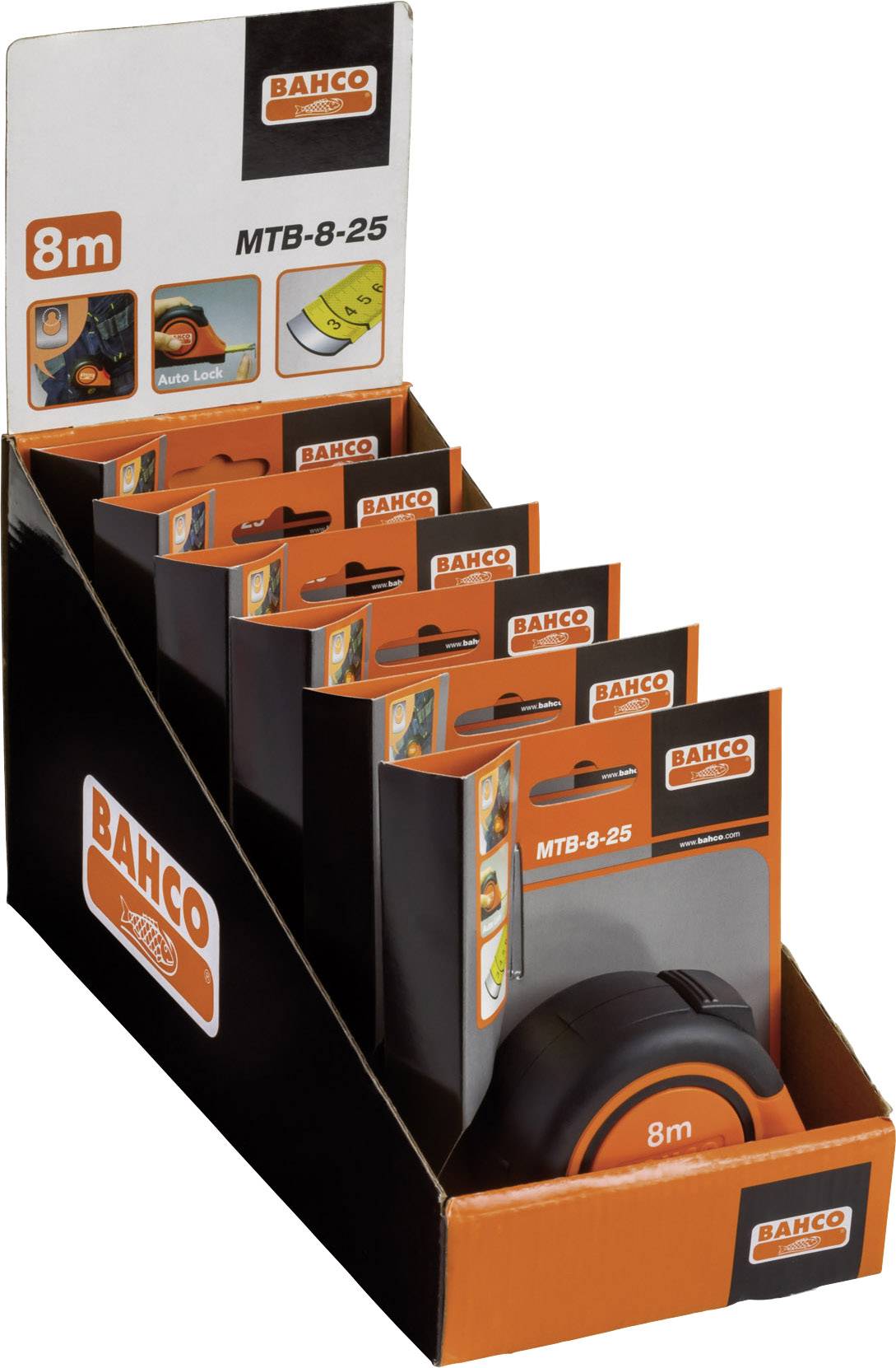 'Bahco' meetlintendisplay met meerdere 8m meetlinten in dozen, rechtop staand. Oranje en zwarte tinten overheersen.
