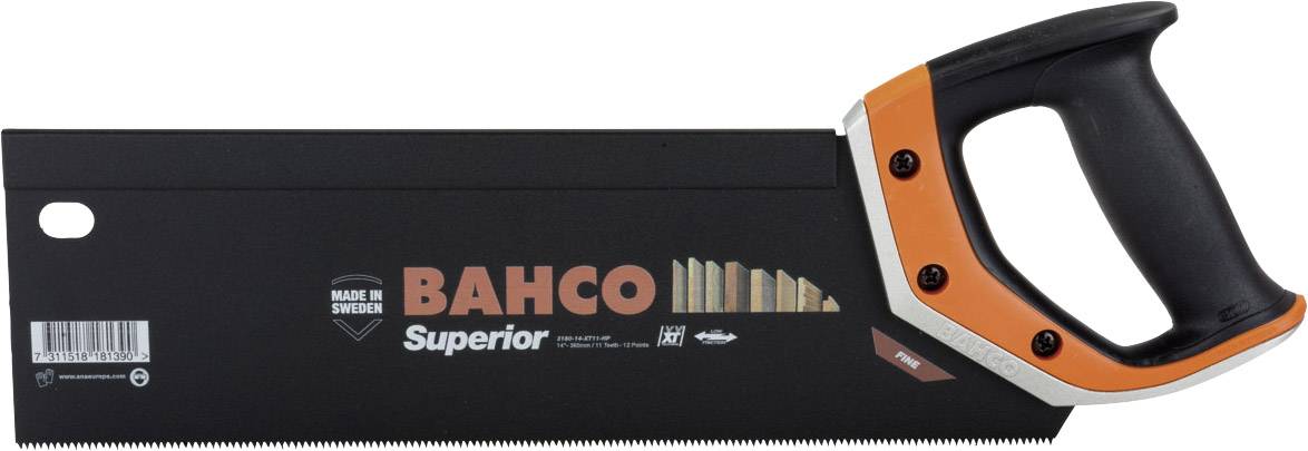 Vossenstaartzaag met zwart zaagblad en oranje-zwarte handgreep, merk 'Bahco', geschikt voor houtbewerkingen.