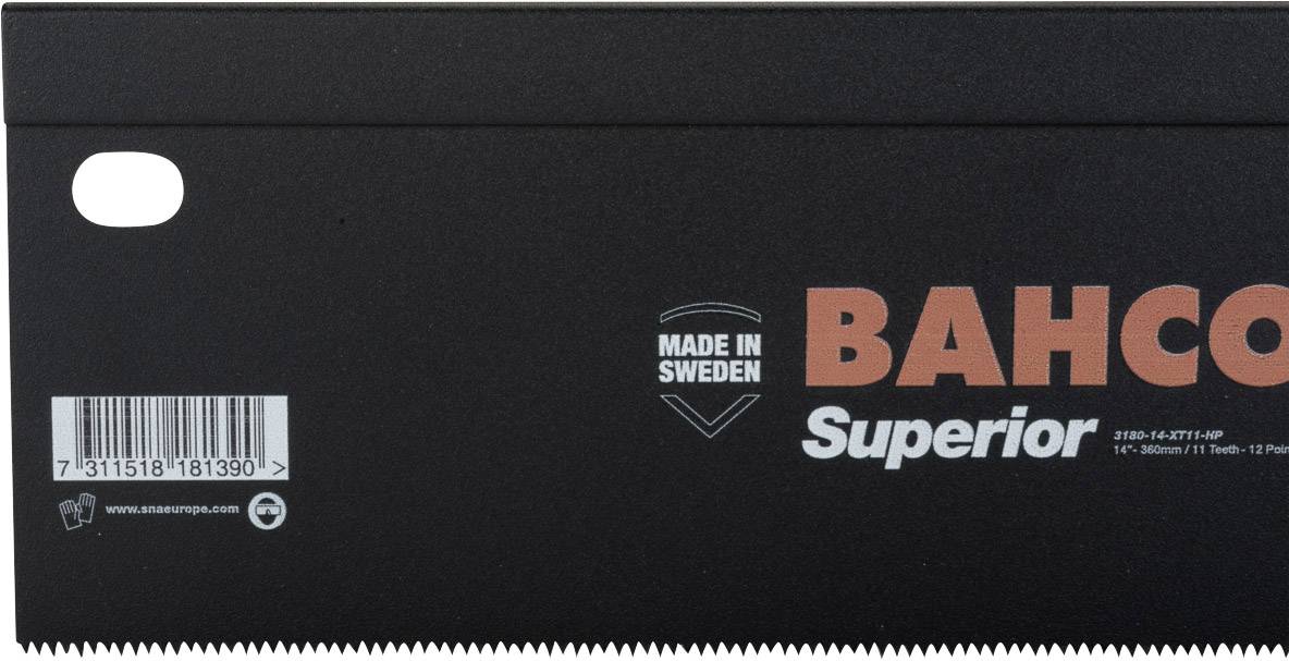 Zwart zaagblad met de opdruk 'Made in Sweden', 'Bahco Superior' en een streepjescode.