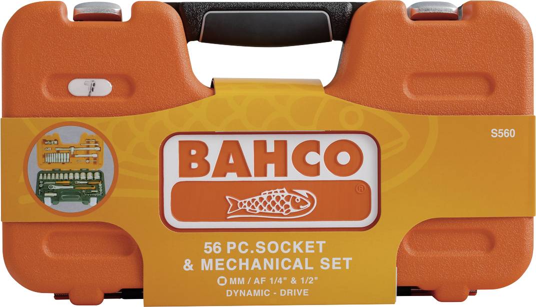 'Oranje gereedschapskoffer van Bahco. Bevat een 56-delige dopsleutelset, geschikt voor 1/4" en 1/2".'