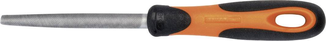 Halfverwezelde vijl met tweekleurige, ergonomische greep, geschikt voor hout- en metaalbewerking.