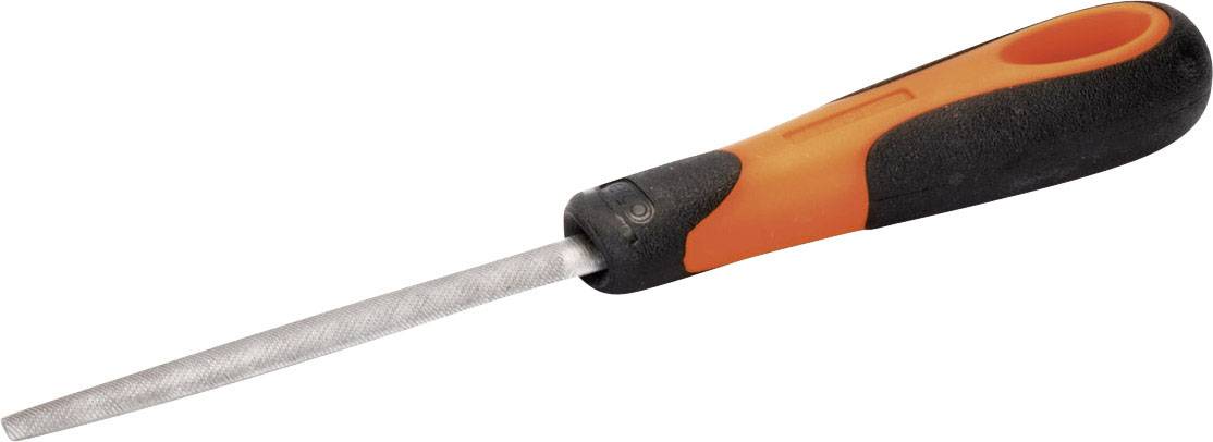 Een platte metalen vijl met een ergonomische, oranje-zwarte handgreep, ideaal voor het nauwkeurig vijlen en gladmaken van materialen.