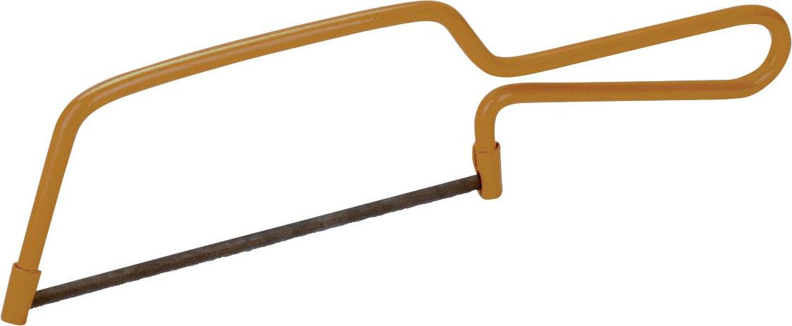 Een decoupeerzaag met een oranje frame en een dun zaagblad, geschikt voor nauwkeurig zagen van materialen zoals hout of metaal.