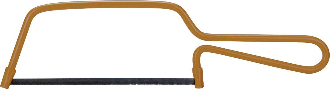 Een decoupeerzaag met een oranje frame en een zwart zaagblad, gebruikt voor het snijden van materialen.