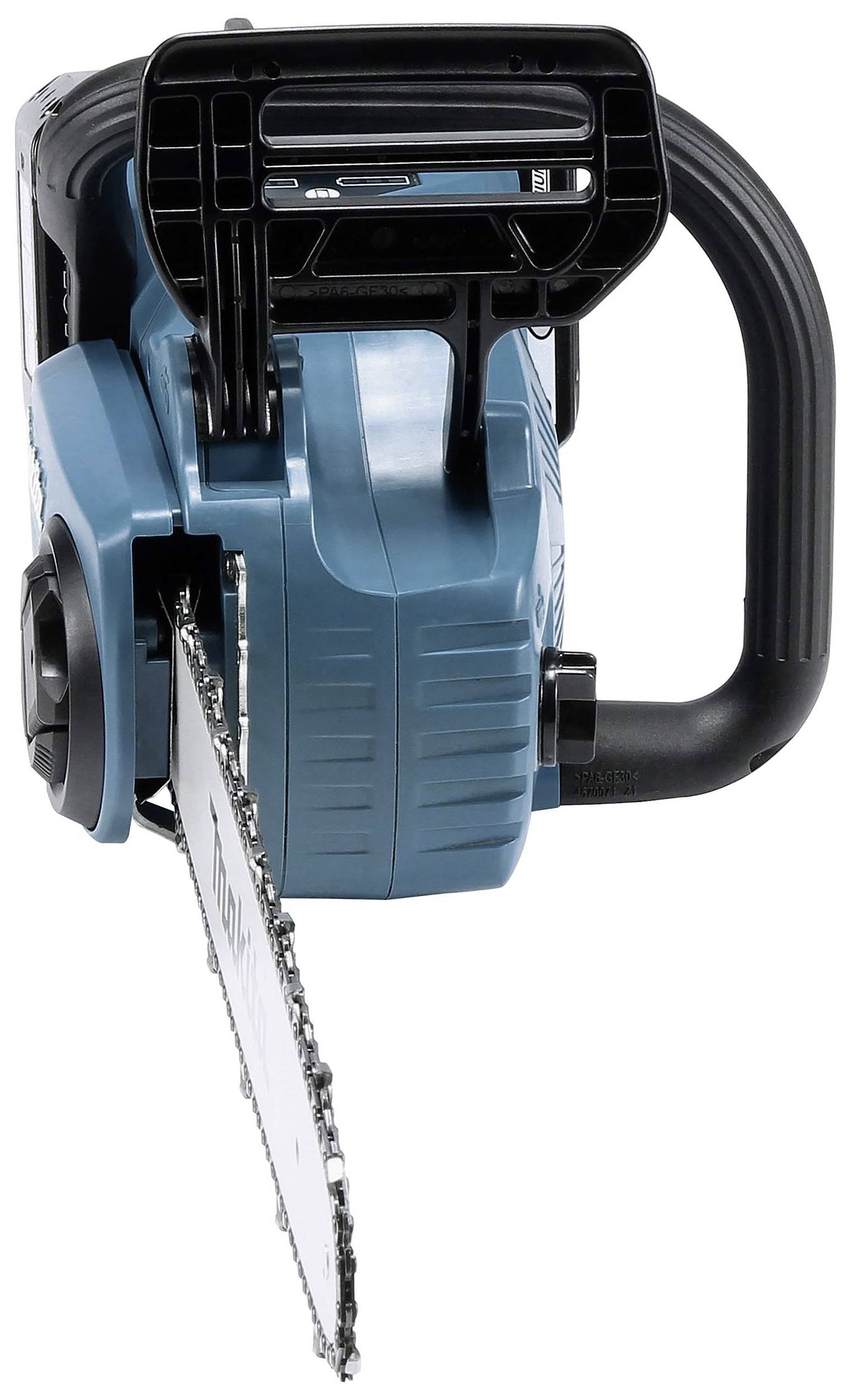 Elektrische kettingzaag in het blauw, vooraanzicht. Hij heeft een ergonomische handgreep en een lange ketting. Geschikt voor werkzaamheden in de tuin.