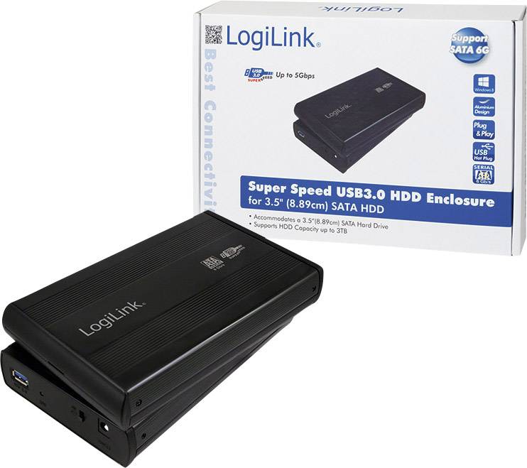 Externe behuizing van LogiLink met USB 3.0 voor 3,5 inch SATA-harde schijven. Verpakking toont product en specificaties.