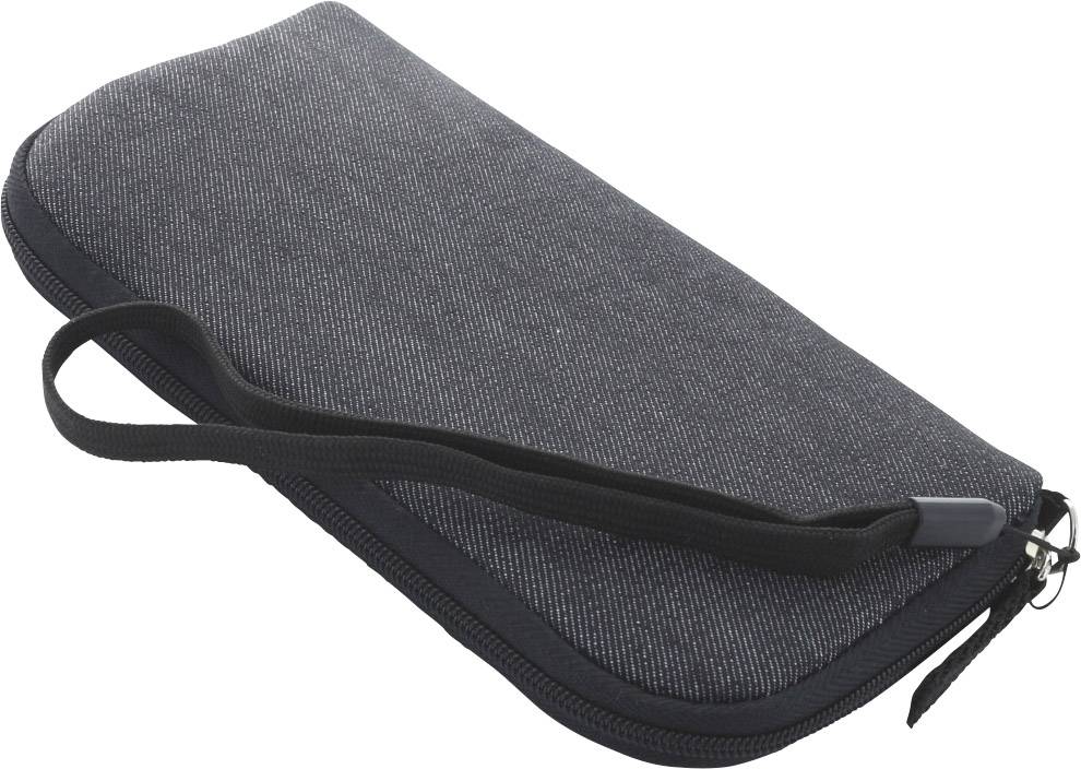 Zwart, rechthoekig etui met rits en draaglus; geschikt voor het opbergen van kleine voorwerpen of als pennenetui.
