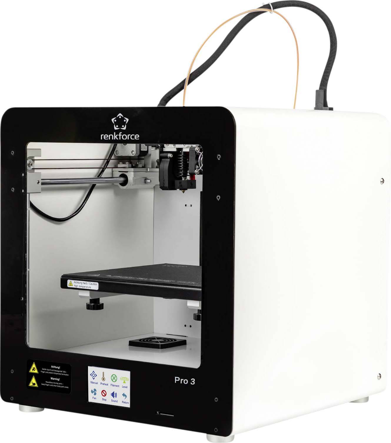 3D-printer van het merk Renkforce, model Pro 3, in een wit behuizing. Apparaat is gebruiksklaar met zichtbaar printbed en kabels.