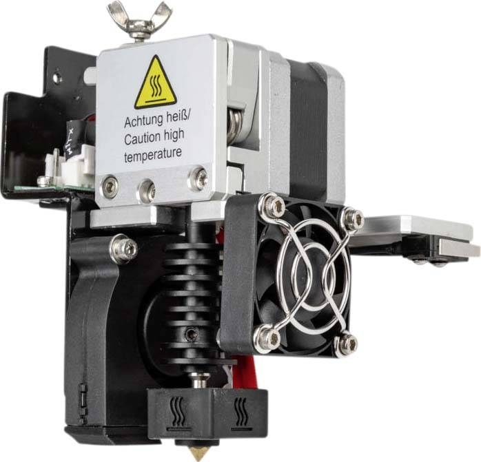 3D-printer-extruder met verwarmingscomponent en ventilator, uitgerust met waarschuwingsbord 'Let op, heet!'.