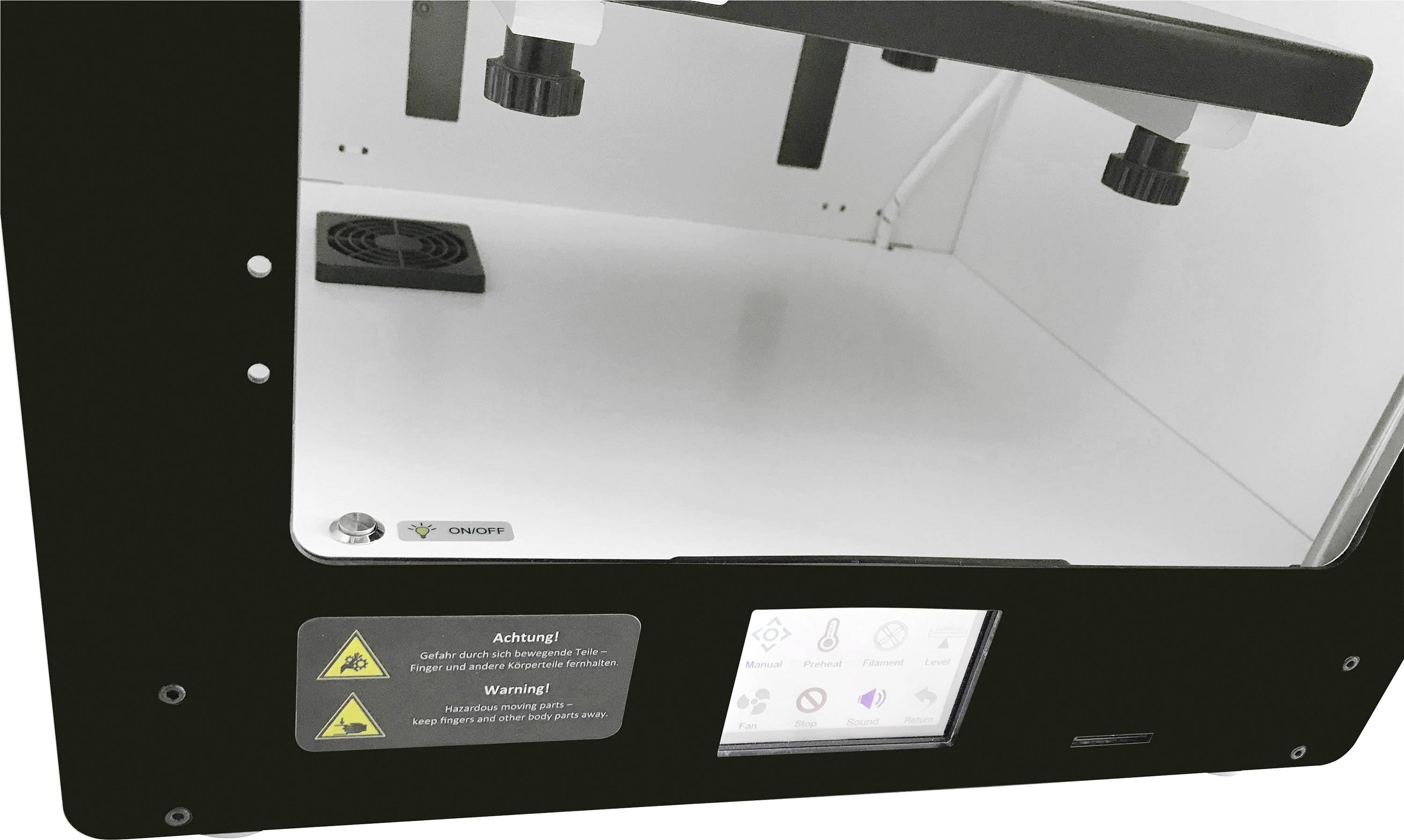 Een 3D-printer in gebruik. Binnenruimte met verwarmingsplaat op de achtergrond. Optionele waarschuwingstekst: 'Let op! Hoge temperaturen'.