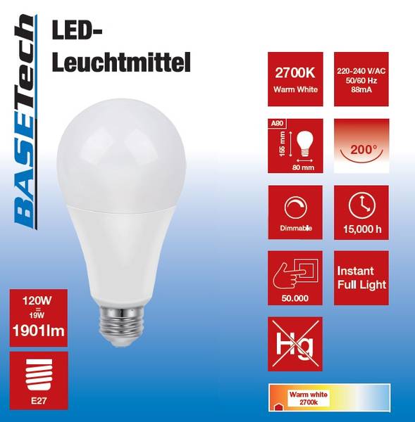 Basetech LEDlamp Energielabel A+ (A++ E) E27 Peer 19 W = 120 W