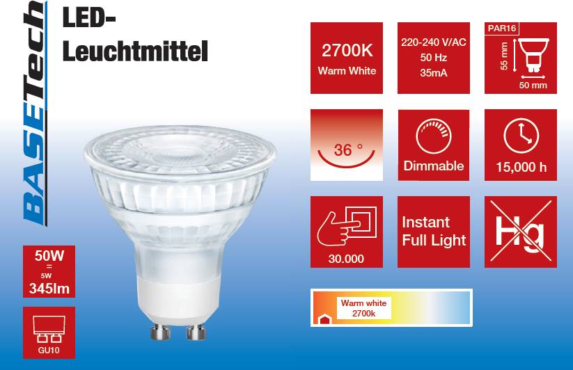 Basetech LEDlamp Energielabel A+ (A++ E) GU10 Reflector 5 Wp = 50 W