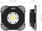 Draagbare LED-lamp met afmetingen: 14,5 cm breedte, 4 cm diepte, 14,5 cm hoogte. Ronde lichtbron in het centrum.