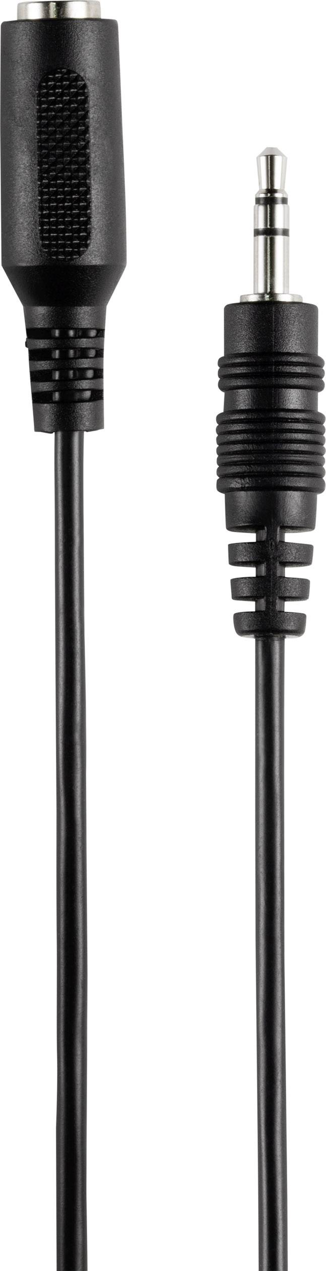 Een zwarte audiokabel met een 3,5-mm-jackplug en een bijbehorende aansluiting, die worden gebruikt voor geluidsoverdracht.