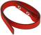 Een rood hoefbreedtemeetlint met geïntegreerde metalen ringen, gebruikt voor het meten van de breedte van paardenhoefen.