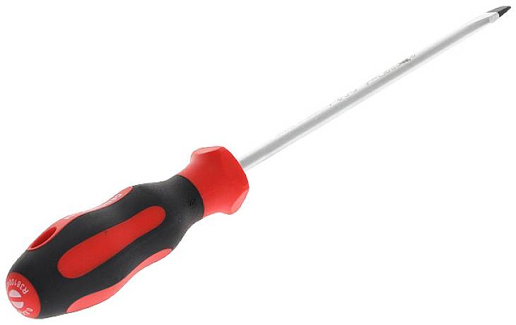 Een schroevendraaier met een rood en zwart handvat.