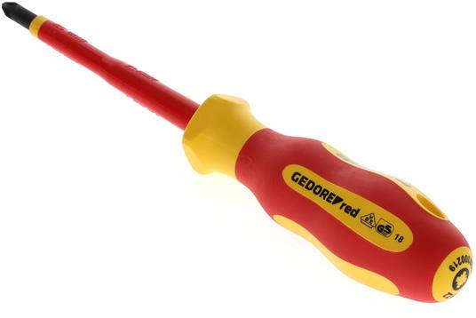 Een rode en gele schroevendraaier, geïsoleerd, met de opdruk 'GEDORE red'. Geschikt voor elektrische werkzaamheden tot 1000 volt.