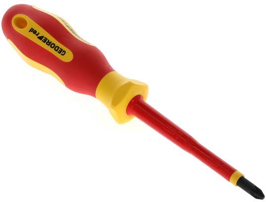 Een geïsoleerde schroevendraaier met een rode handgreep en gele punt, geschikt voor verschillende montage- en reparatiewerkzaamheden.