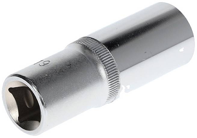 Een verchroomde dopsleutel met gekartelde greep, gemarkeerd met '9'. Wordt vaak gebruikt voor reparatie- en montagewerken.