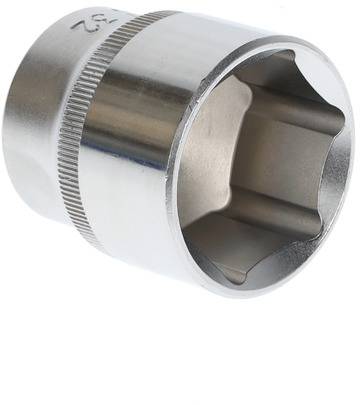 Een zilveren steeksleutelopzetstuk met zeskante binnenprofiel, geschikt voor moeren of bouten met een maat van 32 mm.