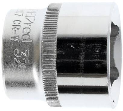 Dopsleutel, zilverkleurig, maat 32 mm. Wordt gebruikt voor momentsleutels of ratelsleutels voor het bevestigen van bouten en moeren.
