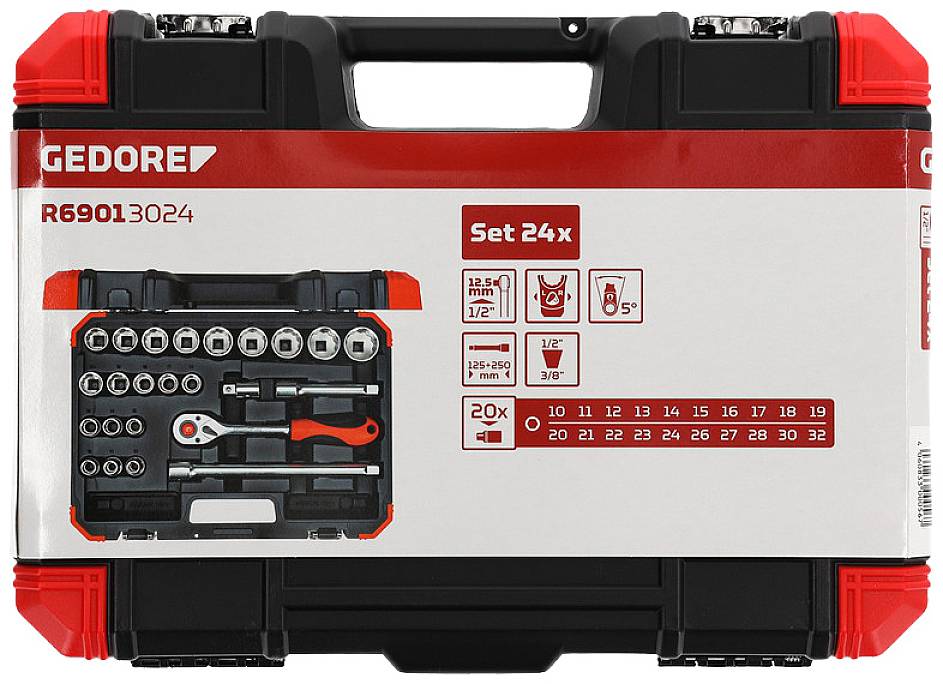 Gereedschapskoffer van Gedore, set met 24 onderdelen. Bevat verschillende steeksleutels en twee moersleutels.