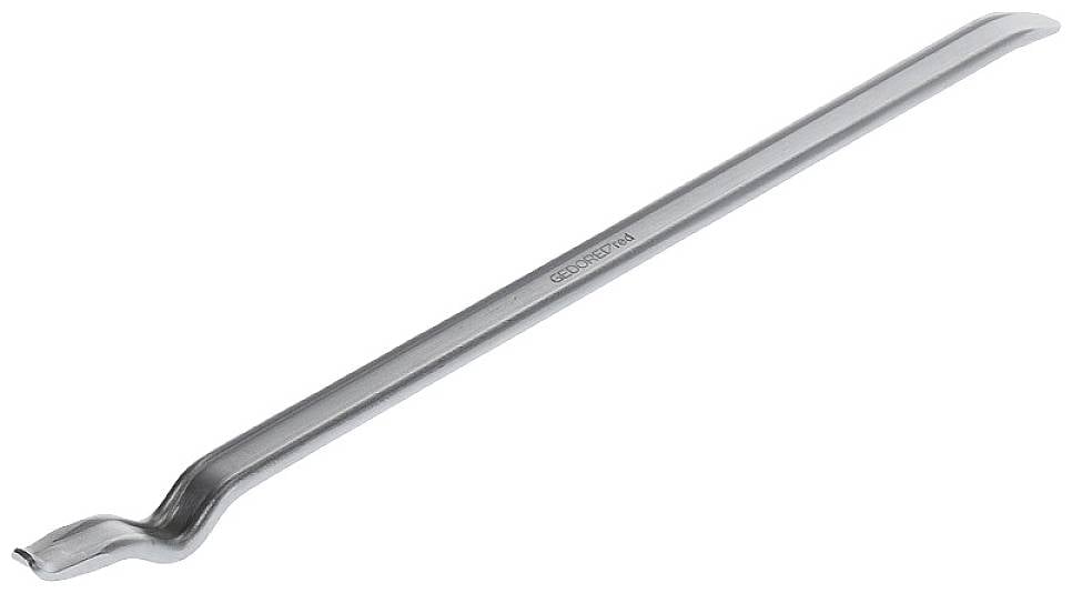 Een zilveren metalen nageltrekker met gebogen uiteinden voor gemakkelijk verwijderen van nagels en het uitlichten van voorwerpen.