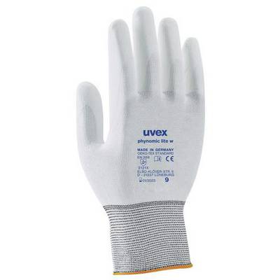 Een witte handschoen met een grijs manchet, waarop 'uvex phynomic lite w' en details zoals maat en productielocatie zijn bedrukt.