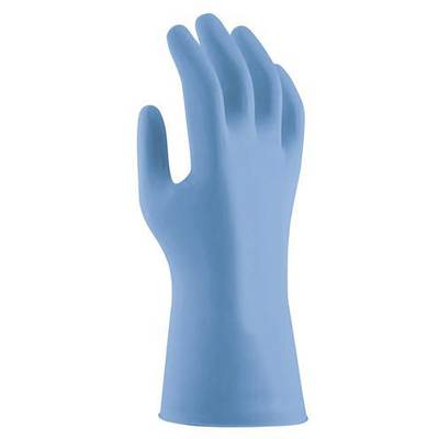 Blauwe, gegummeerde wegwerphandschoenen, rechtop gehouden; symboliseren praktische toepassing voor hygiëne of bescherming.