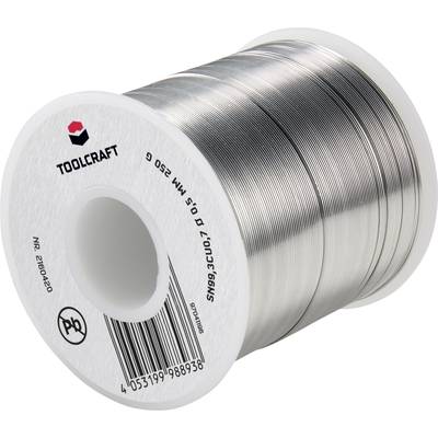Een rol soldeertin van het merk TOOLCRAFT, diameter 0,5 mm, flusmiddelgehalte 2,5%, met zichtbaar productnummer en streepjescode.